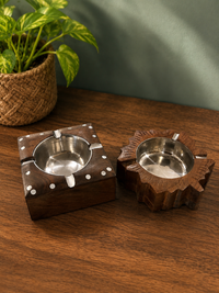 Carved Wood Base Metal Ashtray