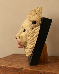 Ceramic Lion And Lioness Head Sculptures On A Wooden Stand (Each)