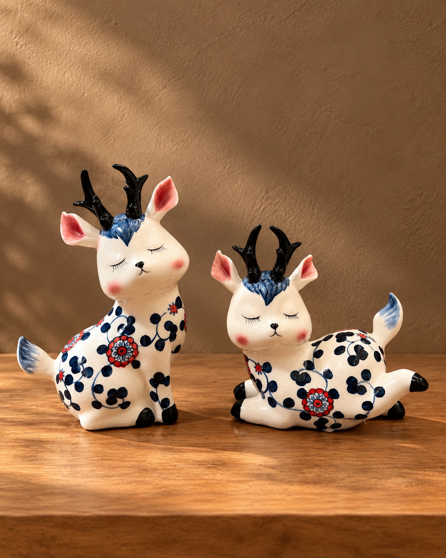 Whimsy & Chubby Ceramic Reindeer Pair With Floral Detail