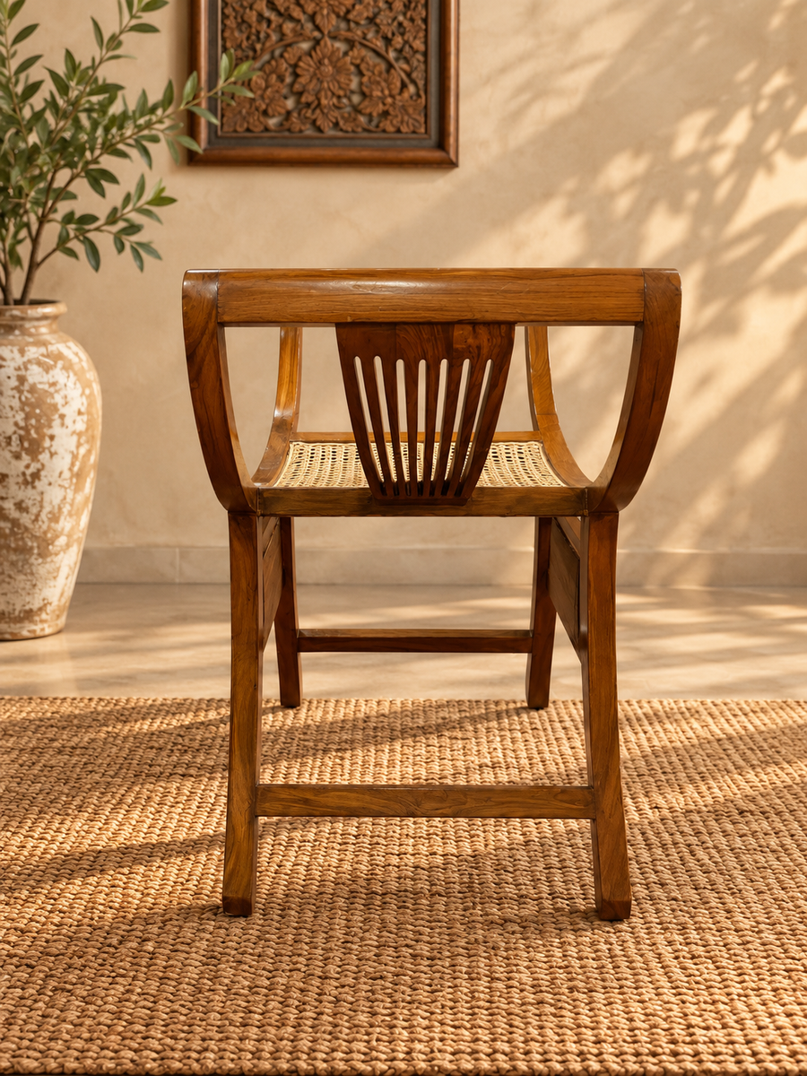 Wooden Curule Cane Bench With Antique Green Tile