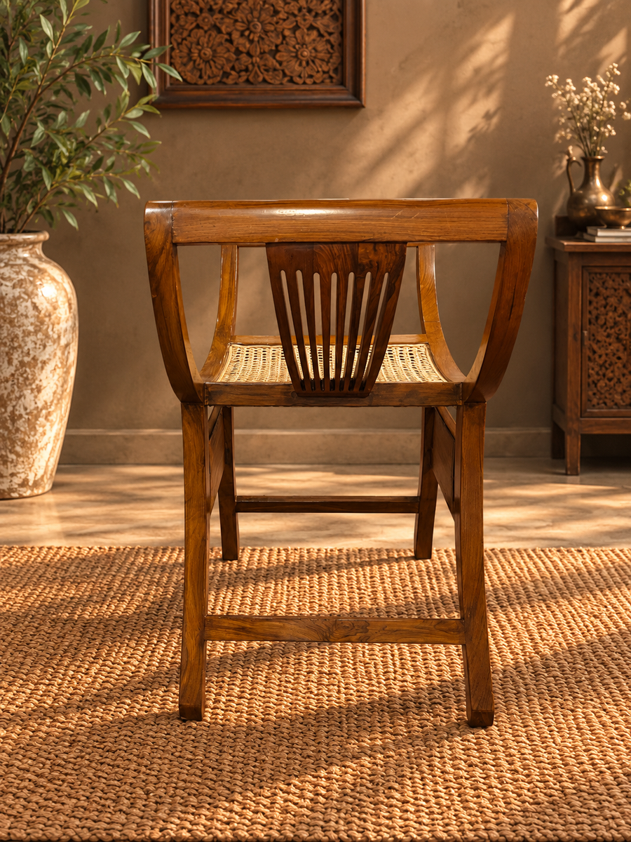 Wooden Curule Cane Bench With Antique Pink Tile