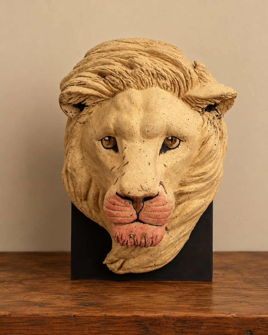 Ceramic Lion And Lioness Head Sculptures On A Wooden Stand (Each)