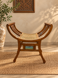 Wooden Curule Cane Bench With Antique Green Tile
