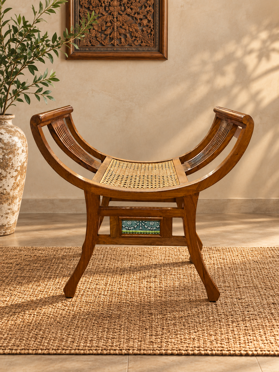 Wooden Curule Cane Bench With Antique Green Tile