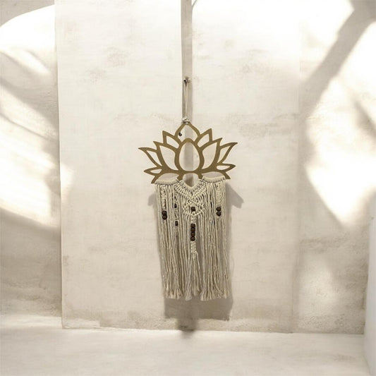 Gold lotus macrame wall hanging.
