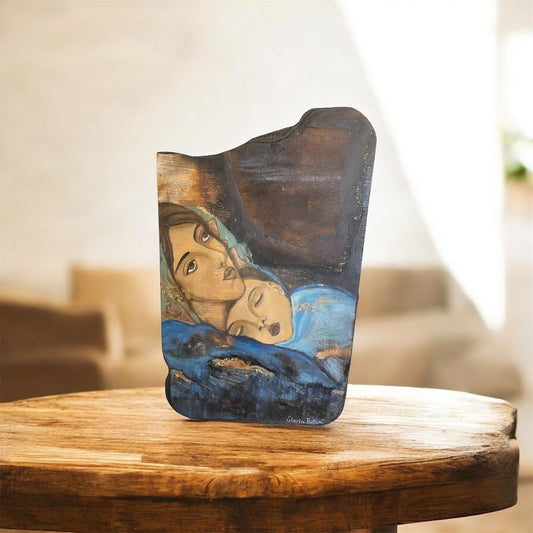 Mother mary with christ painting on wood.