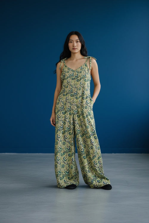 Green Handblock Paisley Tie-Strap Jumpsuit