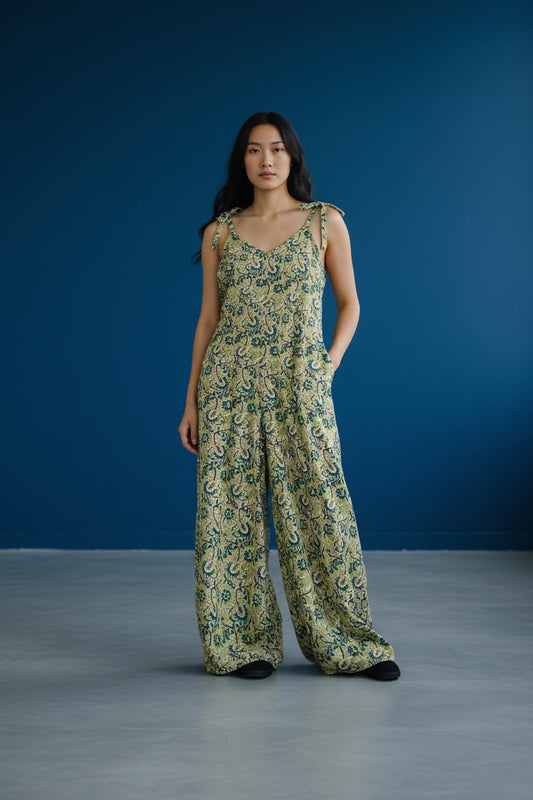 Green Handblock Paisley Tie-Strap Jumpsuit