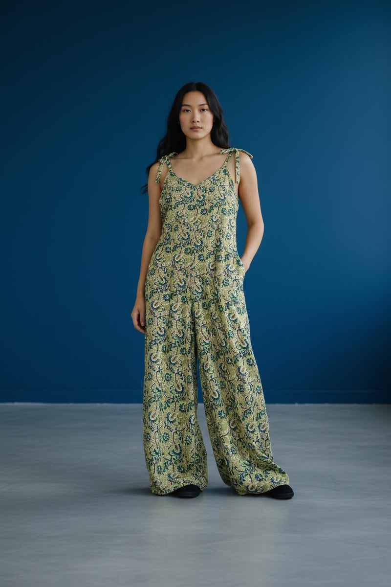 Green Handblock Paisley Tie-Strap Jumpsuit