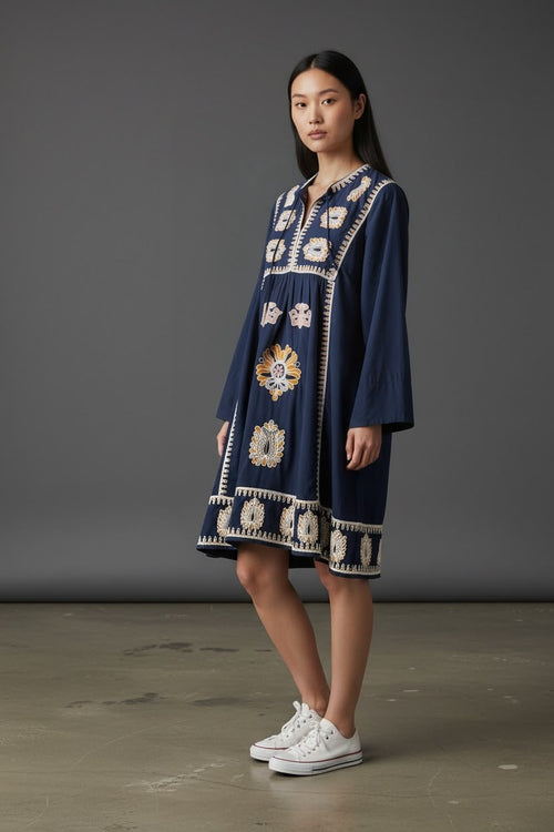 Indigo Floral Embroidered A-Line Dress