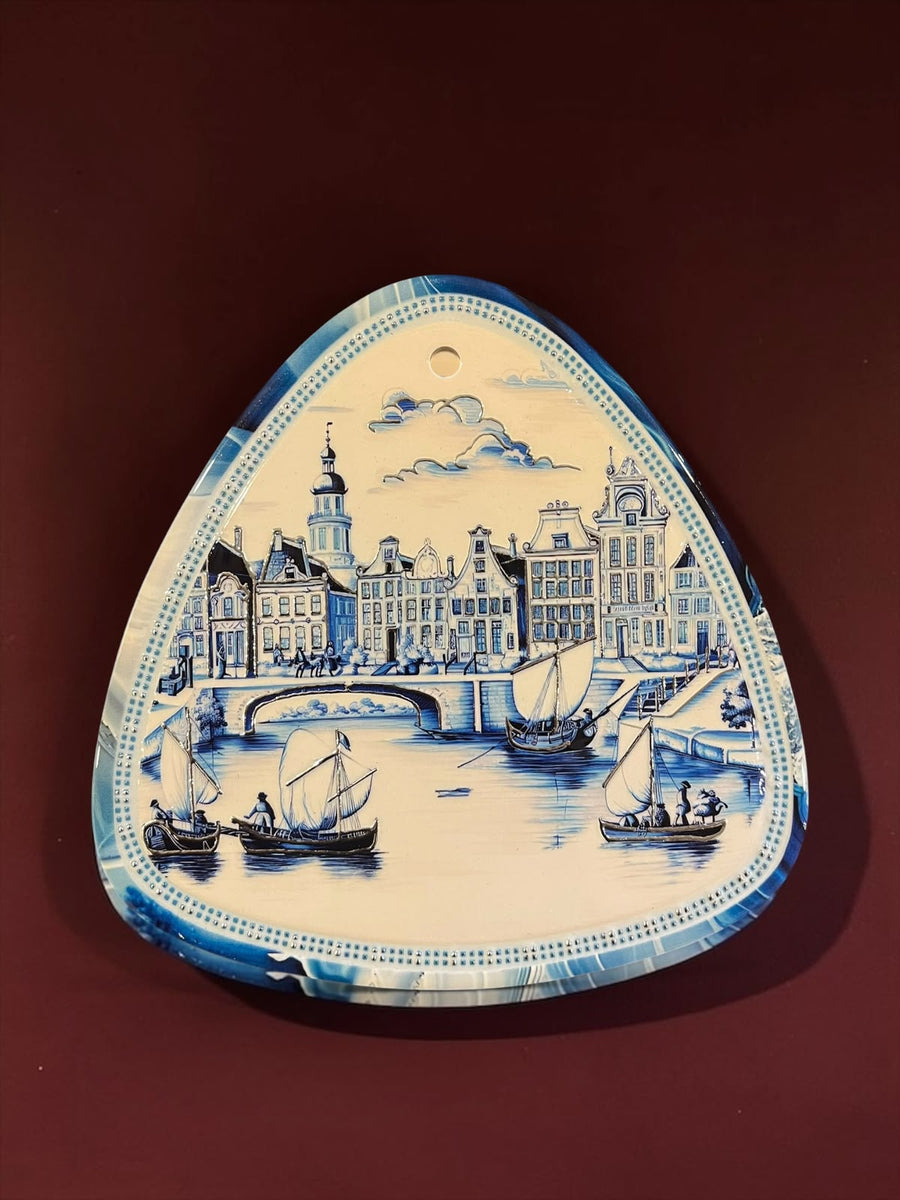 Small Blue & White Triangular Vintage Wall Hanging Plaque