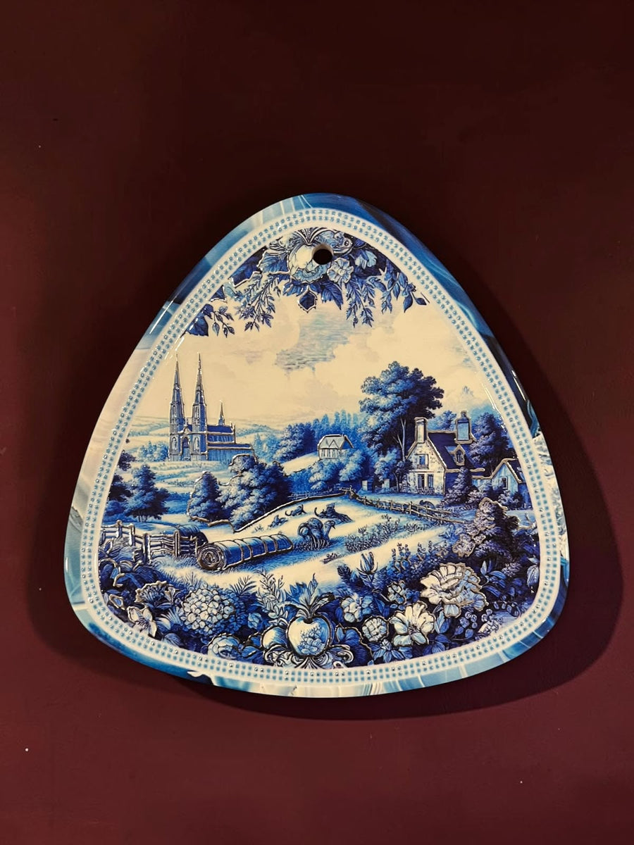 Small Blue & White Triangular Vintage Wall Hanging Plaque