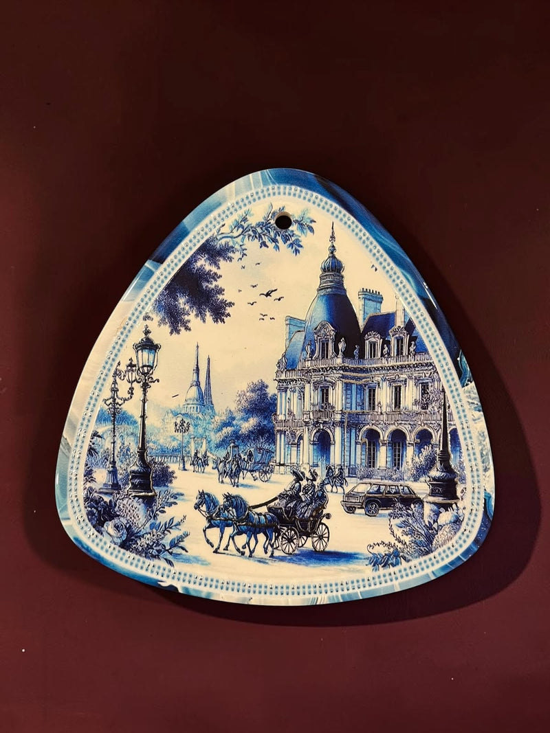 Small Blue & White Triangular Vintage Wall Hanging Plaque