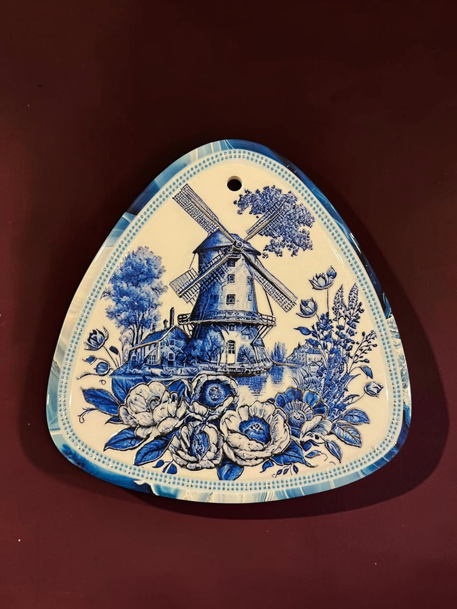 Small Blue & White Triangular Vintage Wall Hanging Plaque