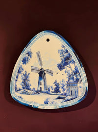 Small Blue & White Triangular Vintage Wall Hanging Plaque