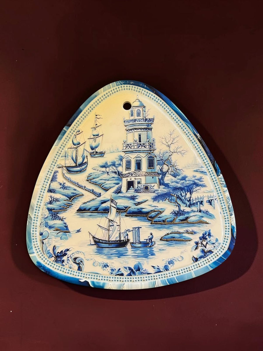 Small Blue & White Triangular Vintage Wall Hanging Plaque