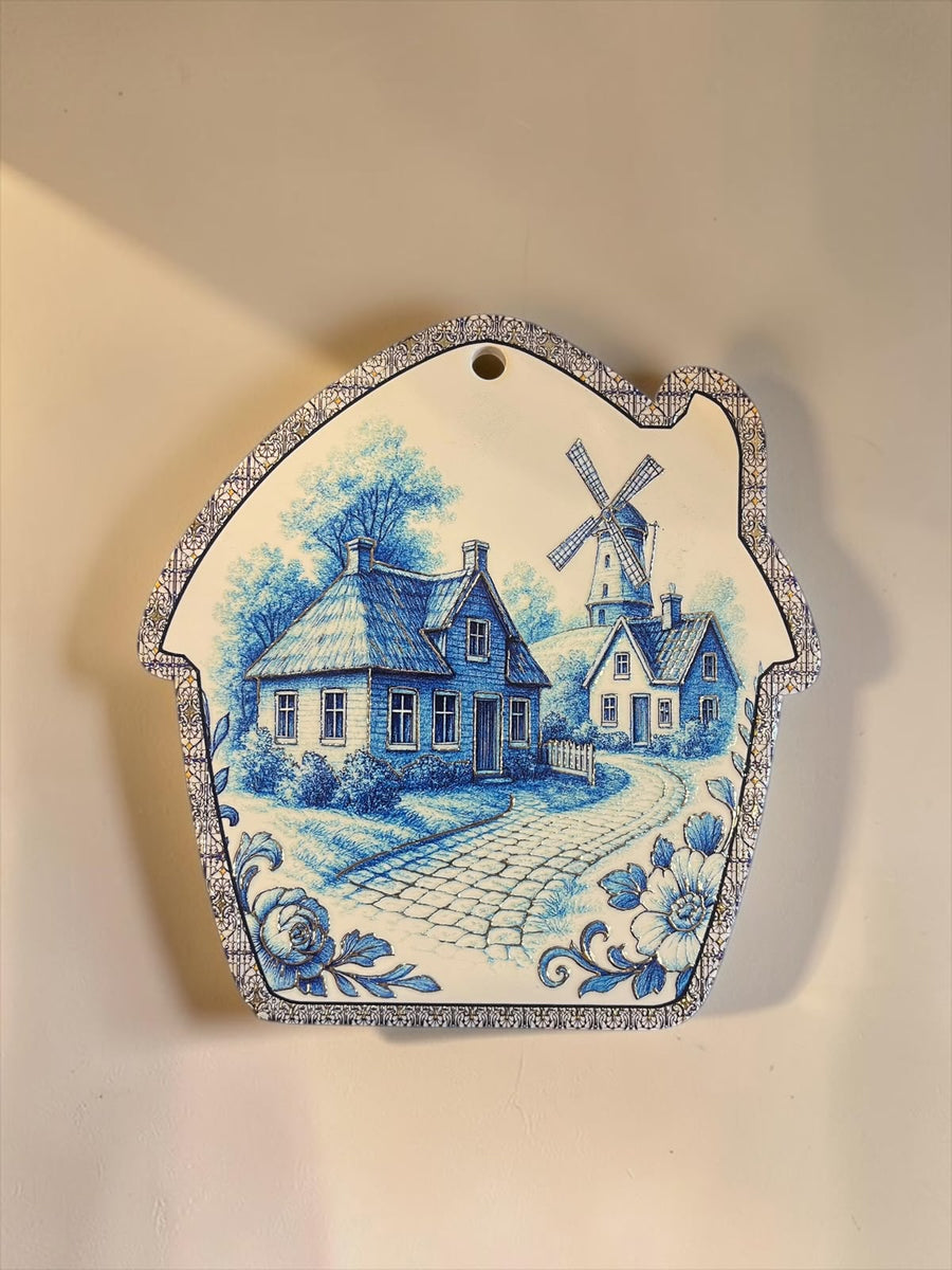 Blue & White House Shaped Vintage Painting Wall Hanging Plaque