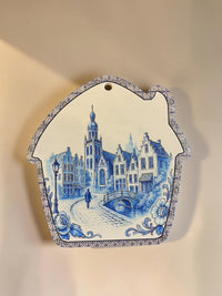 Blue & White House Shaped Vintage Painting Wall Hanging Plaque