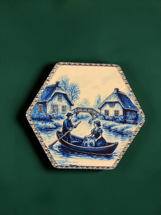 Hexagon Vintage Blue Painting Wall Hanging Plaque