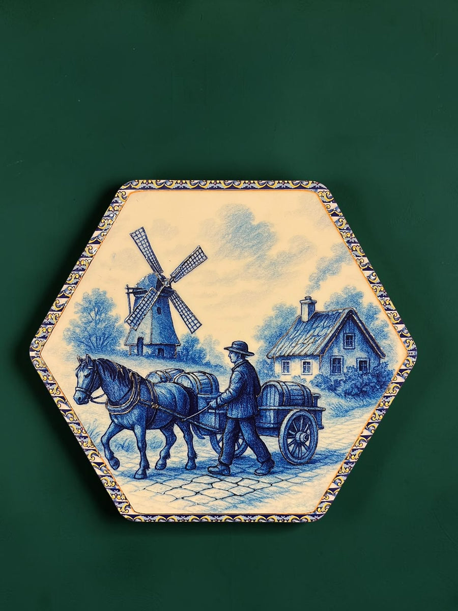 Hexagon Vintage Blue Painting Wall Hanging Plaque