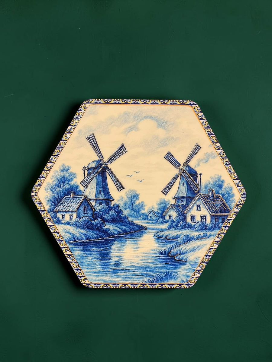 Hexagon Vintage Blue Painting Wall Hanging Plaque