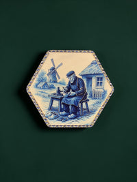 Hexagon Vintage Blue Painting Wall Hanging Plaque