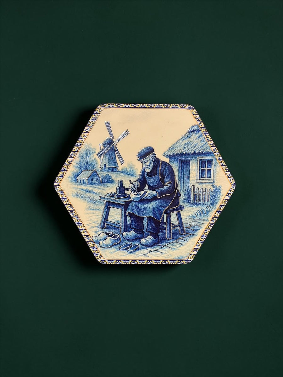 Hexagon Vintage Blue Painting Wall Hanging Plaque