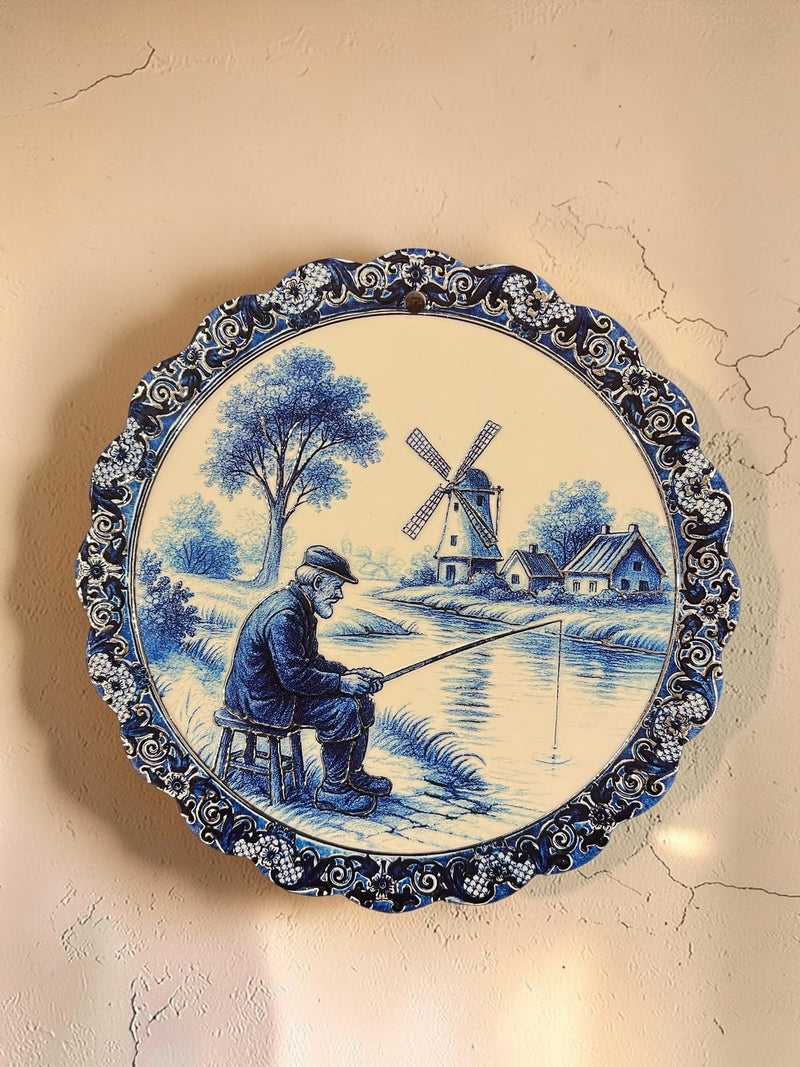 Round vintage Blue Painting Wall Hanging plaque