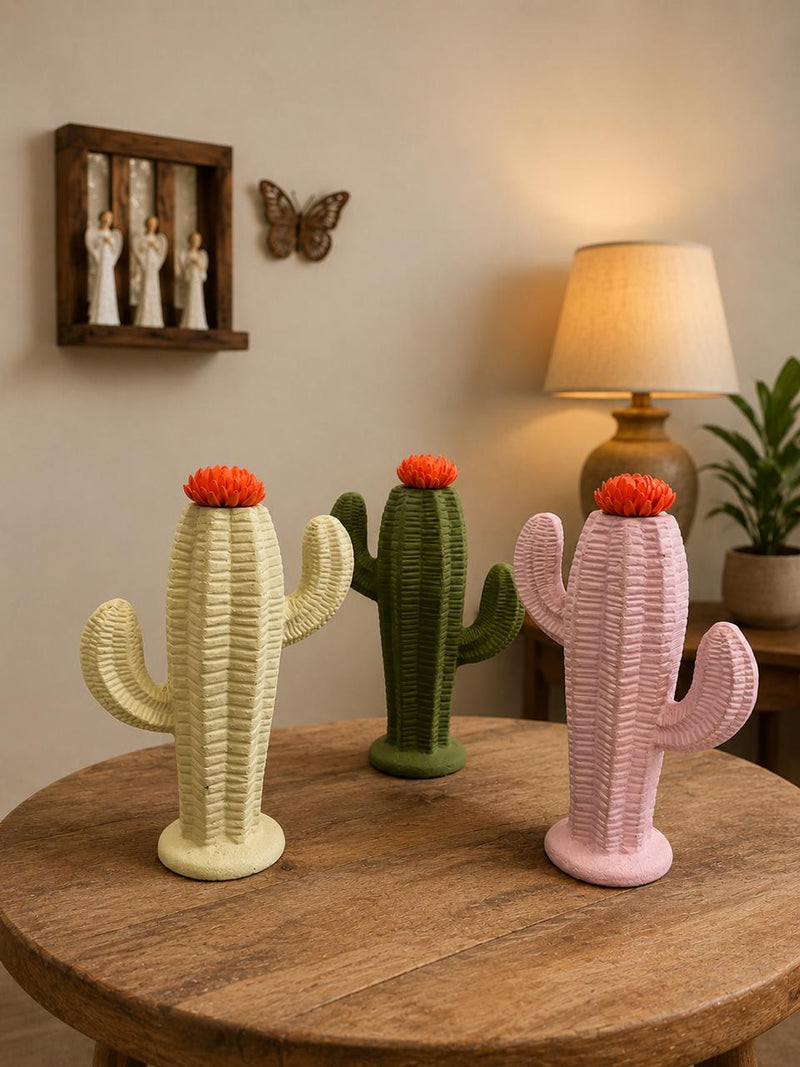 Cast Metal Cactus Sculpture With Detachable Flower Lid