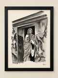 Beautiful Lady In A Saree Sketch with Black Frame  (A4 Size)