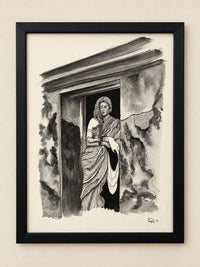 Beautiful Lady In A Saree Sketch with Black Frame  (A4 Size)