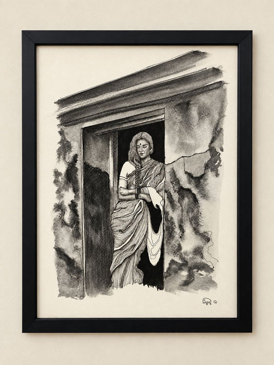 Beautiful Lady In A Saree Sketch with Black Frame  (A4 Size)