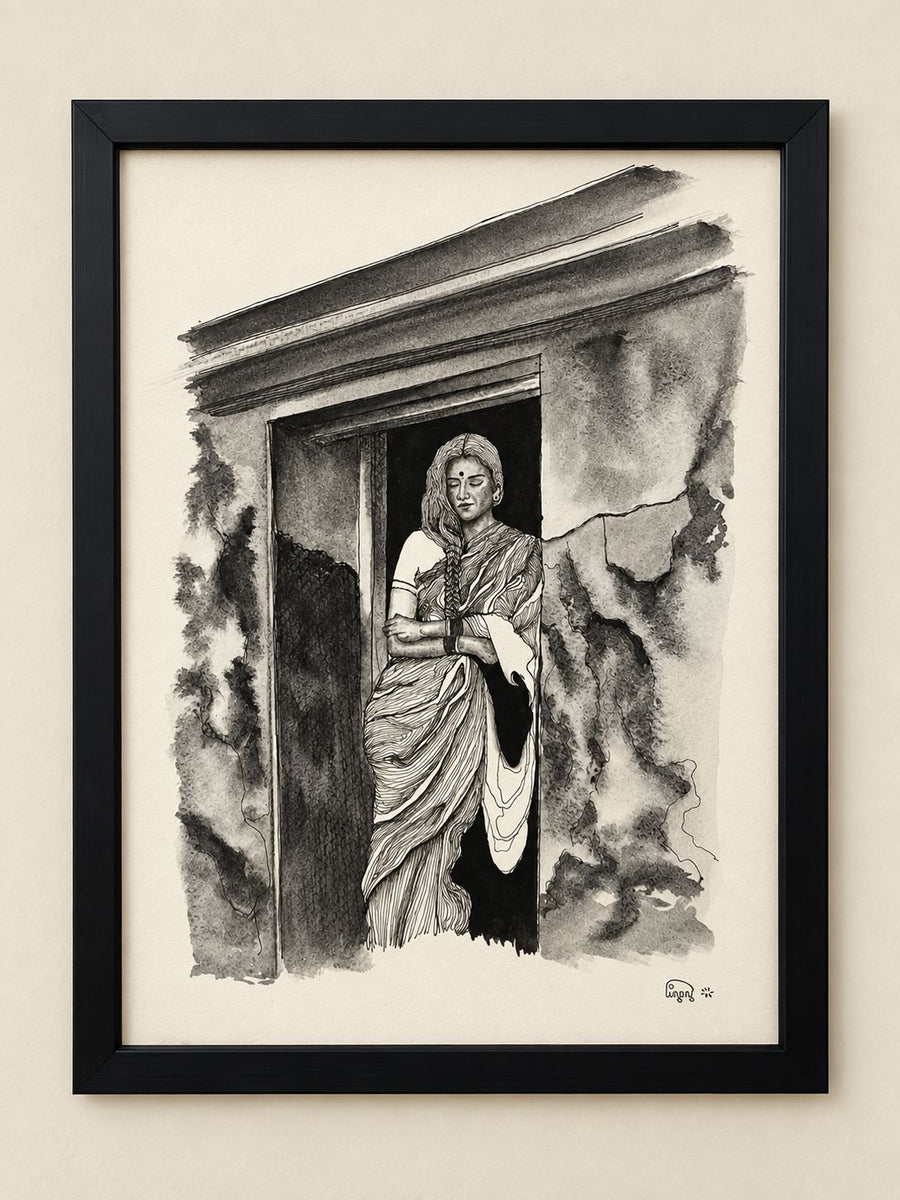 Beautiful Lady In A Saree Sketch with Black Frame  (A4 Size)