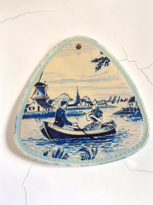 Big Triangular Blue & White Vintage Wall Hanging Plaque