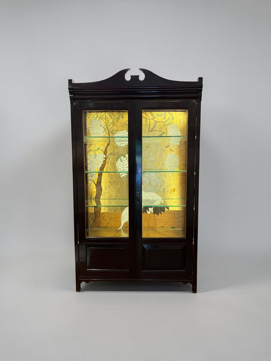white flamingo painting glass cupboard