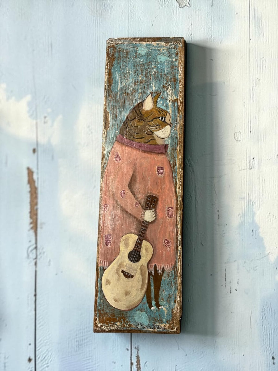The Guitarist Cat – Hand-Painted Wood Art