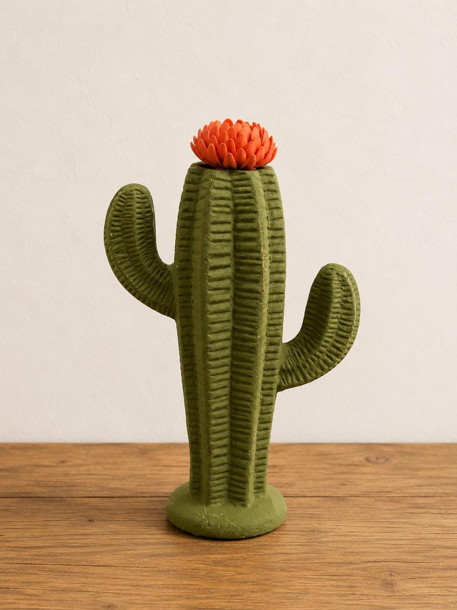 Cast Metal Cactus Sculpture With Detachable Flower Lid