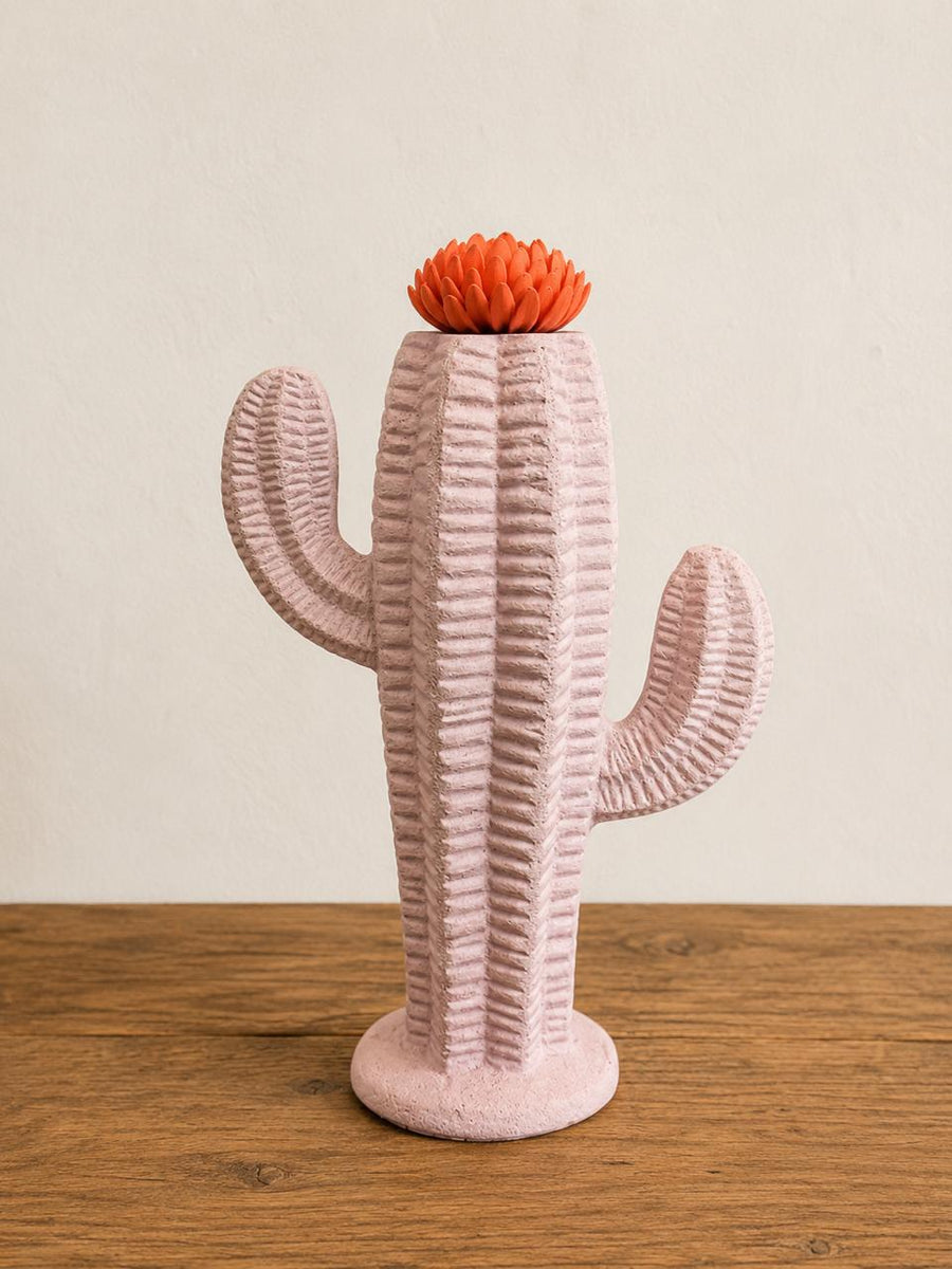 Cast Metal Cactus Sculpture With Detachable Flower Lid
