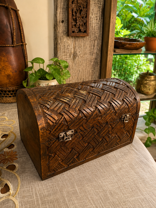 Rustic Woven Carved Wooden Storage Chest