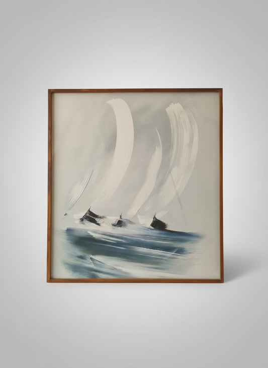 Framed artwork of sailboats on water