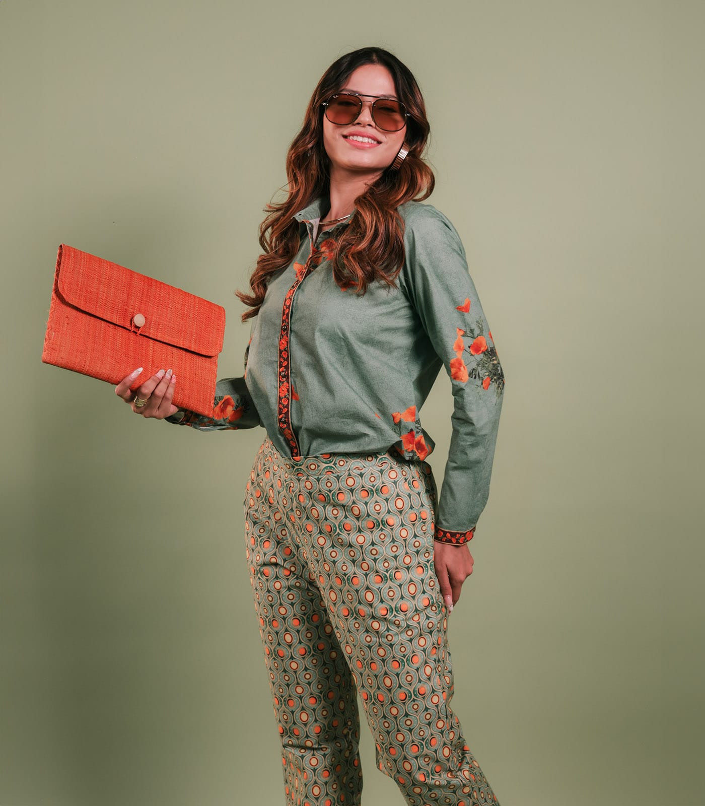 Sage Green & Orange Printed Shirt & Pant Set