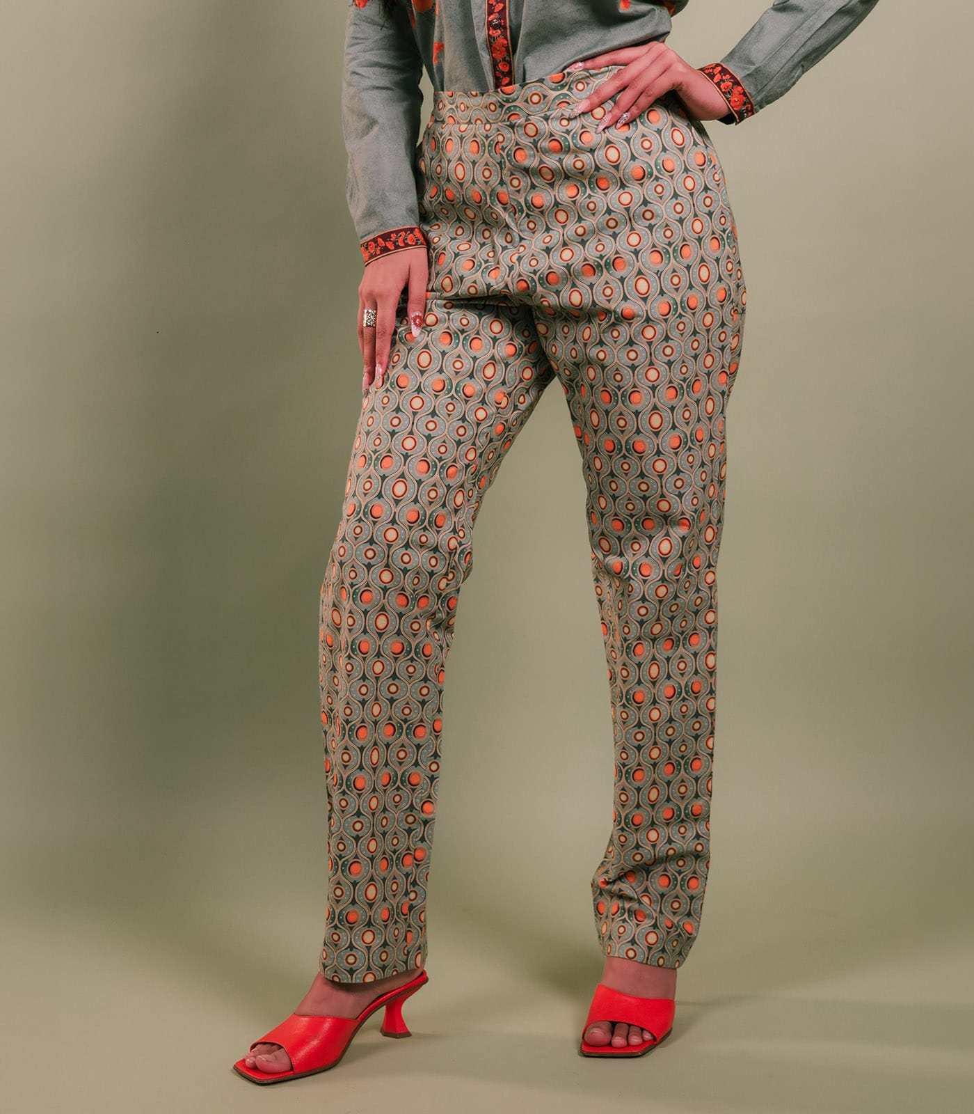 Sage Green & Orange Printed Shirt & Pant Set