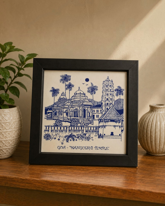 Goan Heritage Scenery Blue painting Tile With Frame