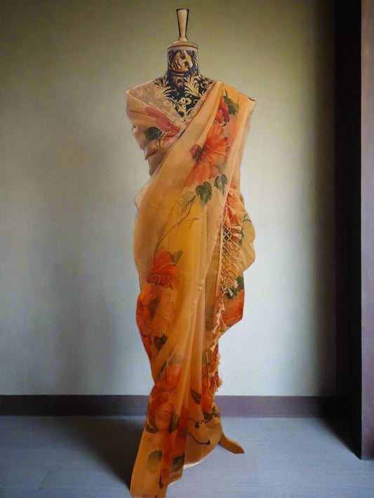 Peach Hibiscous Saree