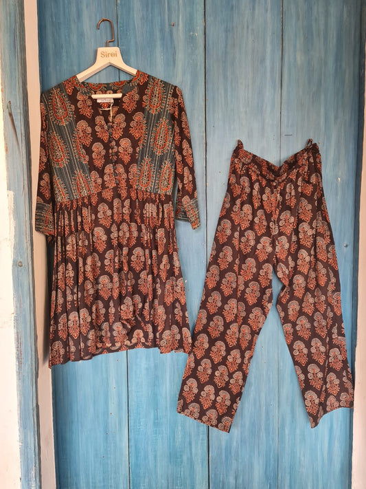 Black Blue Ajarkh Print Coord Set