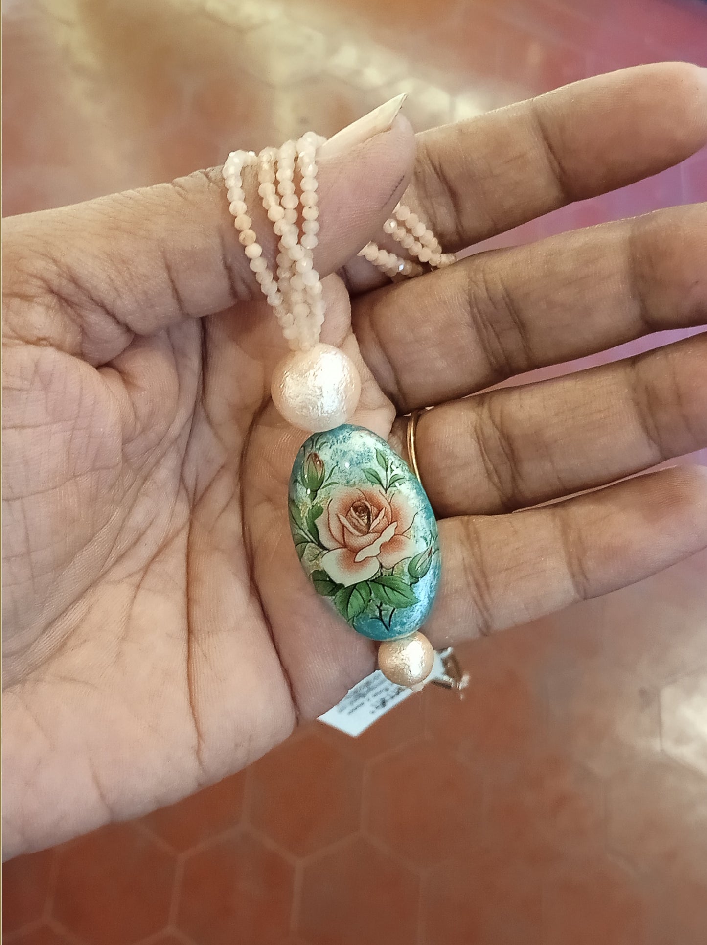 Rose Pendant with Pink Seed Beads Necklace
