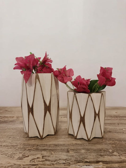 set of 2 wooden white vase